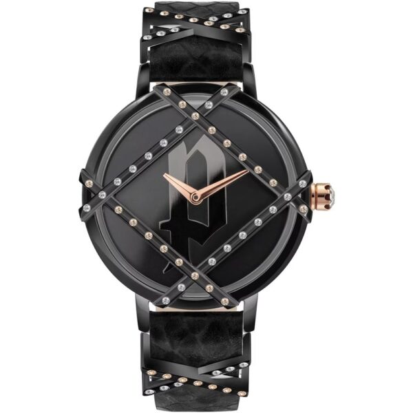 Police Black Leather Watch with a bold, studded design on the strap and face, featuring a black dial and rose gold accents.