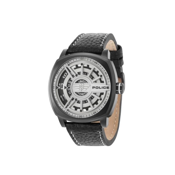 Police Black Leather Watch with rectangular black bezel, textured leather strap, and silver dial featuring bold geometric design.