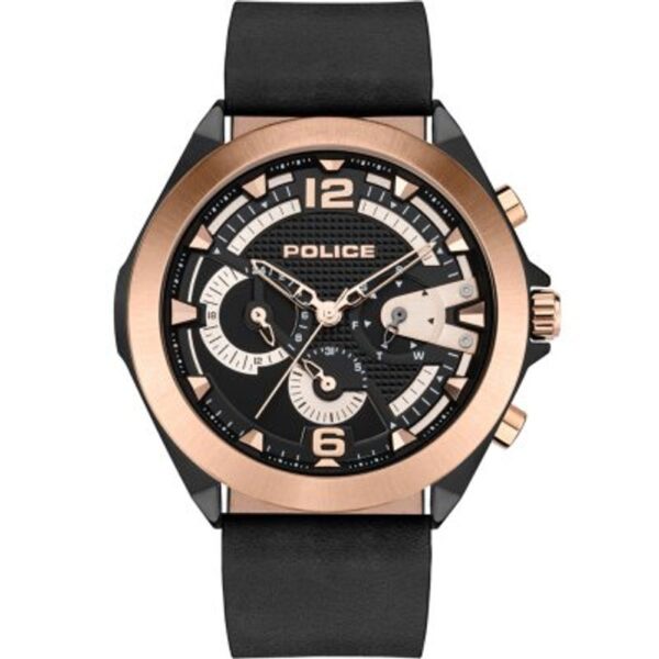 Police Black Leather Watch with a gold and black face, bold numerals at 12 and 6 o'clock, and multi-function subdials.
