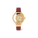 Police Red Leather Watch with a gold-tone case, intricate dial design featuring a lion motif, and textured red leather strap.
