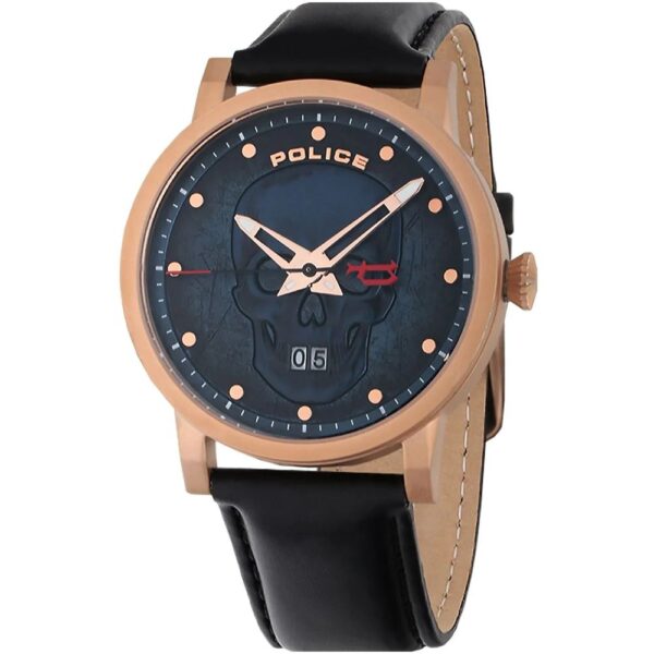 Police Black Leather Watch with a black skull-patterned dial, rose gold-tone case, and date display on a sleek black leather strap.