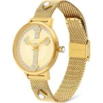 Police Gold Stainless Steel Watch with crystal-studded cross design on dial, gold mesh strap, and sleek clasp closure.