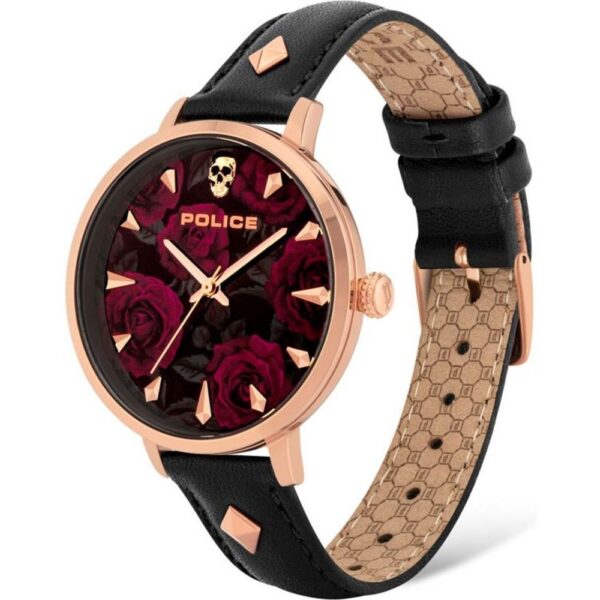 Police Black Leather Watch with a rose-gold case, skull motif on a dark dial featuring red roses, and stud accents on the strap.