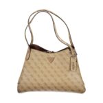 Beige Guess Jeans handbag made of polyethylene, featuring logo pattern, triangular logo plaque, and attached tag on the strap.