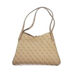 Alt text: Guess Jeans beige polyethylene handbag with an all-over logo pattern and double shoulder straps.