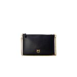 ALT text: PINKO black leather accessory with gold chain strap and metallic logo detail, displayed on a white background.