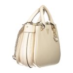 Alt text: Guess Jeans beige polyethylene handbag with dual handles, gold-tone chain strap, and logo charm accent.