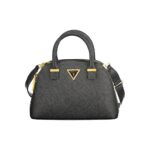 Black polyethylene handbag with gold accents, dual handles, adjustable shoulder strap, and Guess Jeans logo on the front.