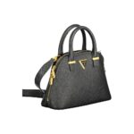 Guess Jeans Black Polyethylene Handbag with structured design, gold-tone hardware, dual handles, and detachable shoulder strap.