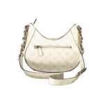 Guess Jeans Beige Polyethylene Handbag with gold-tone chain straps, front zipper pocket, and adjustable shoulder strap.