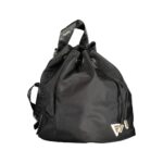 Black polyethylene backpack by Guess Jeans with drawstring closure, adjustable straps, and gold-tone triangle logo accents.