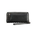 Black polyethylene wallet with a sleek design, zippered pocket, wrist strap, and textured detailing by Guess Jeans.