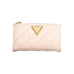 Guess Jeans Pink Polyethylene Wallet with quilted pattern, gold-tone triangle logo on front, and zip closure at the top.