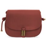 PINKO Red Leather Crossbody Bag with a curved flap design, gold-tone clasp detail, and adjustable strap with knotted accents.